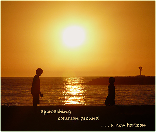 sunset and horizon with children on beach
